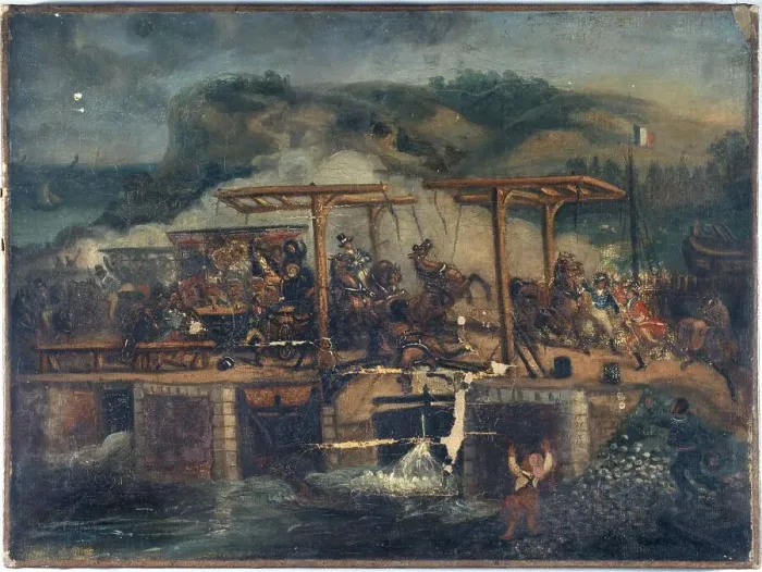 Framed Print : Carriage accident on a bridge around 1835, between 1830 and 1840. Creator: Unknown Framed Print : Carriage accident on a bridge around 1835, between 1830 and 1840. Creator: Unknown
