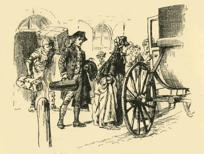 Framed Print : The carriage which was to convey the travellers drew up at the door, (1907). Creator: Unknown Framed Print : The carriage which was to convey the travellers drew up at the door, (1907). Creator: Unknown