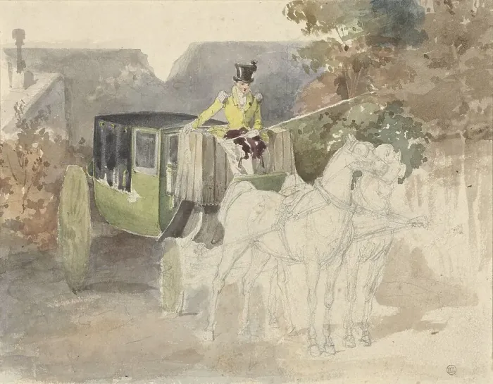 Framed Print : Carriage with two horses, 1810-1890. Creator: Eugene Louis Lami Framed Print : Carriage with two horses, 1810-1890. Creator: Eugene Louis Lami