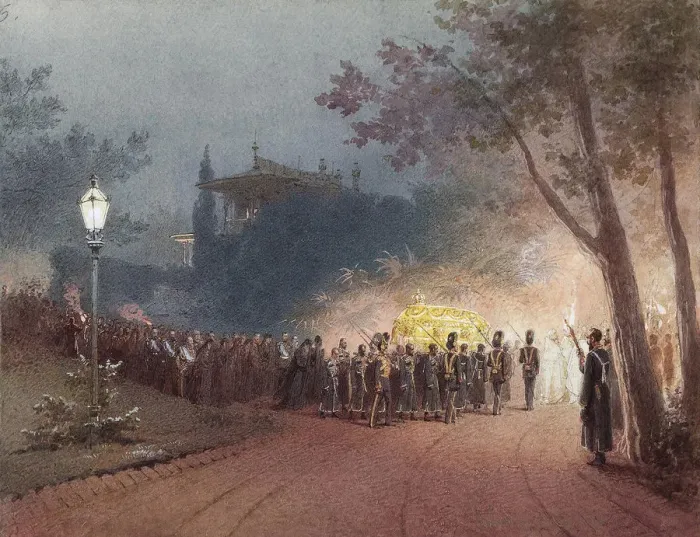 Framed Print : Carrying the coffin with the body of Alexander III from the Small Palace at Livadia, 1895. Artist: Zichy, Mihaly (1827-1906) Framed Print : Carrying the coffin with the body of Alexander III from the Small Palace at Livadia, 1895. Artist: Zichy, Mihaly (1827-1906)