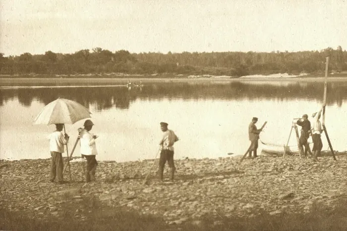 Framed Print : Carrying out leveling on the banks of the Zeya River, 1909. Creator: Vladimir Ivanovich Fedorov Framed Print : Carrying out leveling on the banks of the Zeya River, 1909. Creator: Vladimir Ivanovich Fedorov