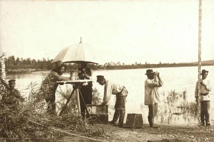 Framed Print : Carrying out a scale survey on the banks of the Zeya River, 1909. Creator: Vladimir Ivanovich Fedorov Framed Print : Carrying out a scale survey on the banks of the Zeya River, 1909. Creator: Vladimir Ivanovich Fedorov