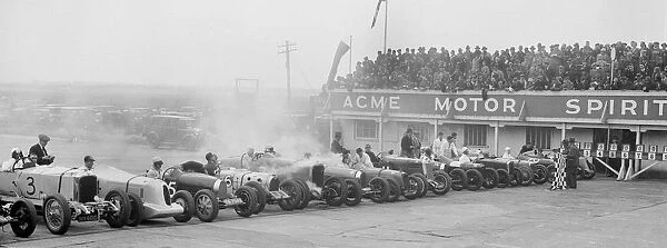 Cars at the start of a BARC race, Brooklands, 1930. Artist: Bill Brunell