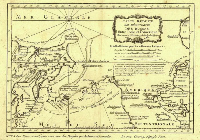 Framed Print : Carte re´duite des de´couvertes des Russes, entre l'Asie et l'Amerique, (1747?). Creator: Jacques-Nicolas Bellin Framed Print : Carte re´duite des de´couvertes des Russes, entre l'Asie et l'Amerique, (1747?). Creator: Jacques-Nicolas Bellin