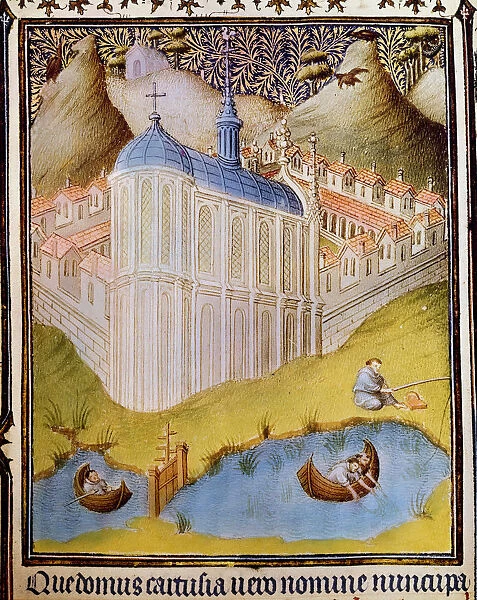 Carthusian monks netting and hooking fish in fishponds at Chartreuse, France, 15th century. Artist: Paul Limbourg