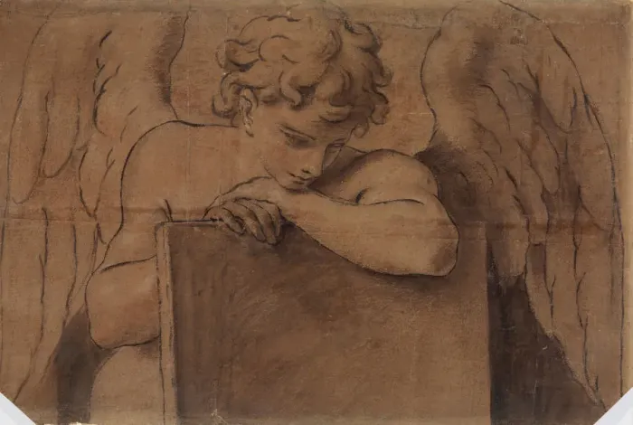 Framed Print : Cartoon Fragment for Adolescent Angel Leaning on a Tablet or Closed Book, ca. 1690-95 Framed Print : Cartoon Fragment for Adolescent Angel Leaning on a Tablet or Closed Book, ca. 1690-95