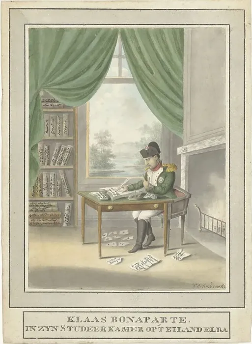 Framed Print : Cartoon of Napoleon: Klaas Bonaparte in his study on the island of Elba, 1814, 1814. Creator: Wijnand Esser Framed Print : Cartoon of Napoleon: Klaas Bonaparte in his study on the island of Elba, 1814, 1814. Creator: Wijnand Esser