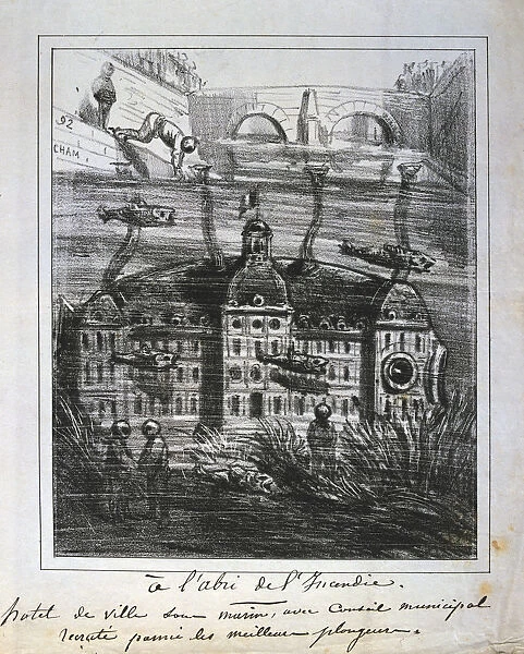 Cartoon proposal to rebuild the Hotel de Ville under water to prevent fire, Paris Commune, 1871