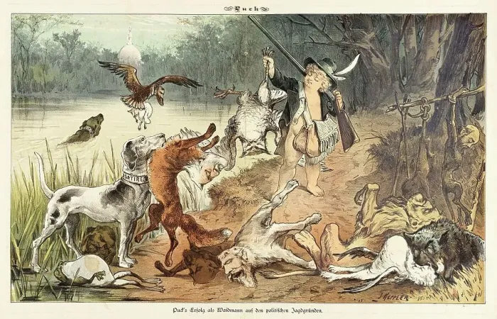 Framed Print : Cartoon from Puck, between 1880 and 1889. Creator: Bernhard Gillam Framed Print : Cartoon from Puck, between 1880 and 1889. Creator: Bernhard Gillam
