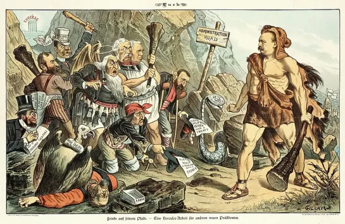 Framed Print : Cartoon from Puck, between 1880 and 1889. Creators: Joseph Keppler, Bernhard Gillam Framed Print : Cartoon from Puck, between 1880 and 1889. Creators: Joseph Keppler, Bernhard Gillam