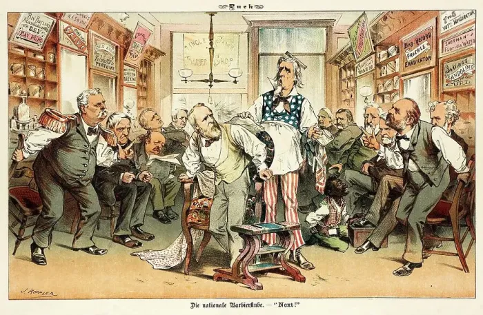 Framed Print : Cartoon from Puck, between 1880 and 1889. Creators: Joseph Keppler, Bernhard Gillam Framed Print : Cartoon from Puck, between 1880 and 1889. Creators: Joseph Keppler, Bernhard Gillam
