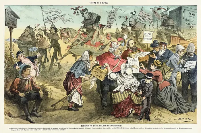 Framed Print : Cartoon from Puck, between 1880 and 1889. Creators: Joseph Keppler, Bernhard Gillam Framed Print : Cartoon from Puck, between 1880 and 1889. Creators: Joseph Keppler, Bernhard Gillam