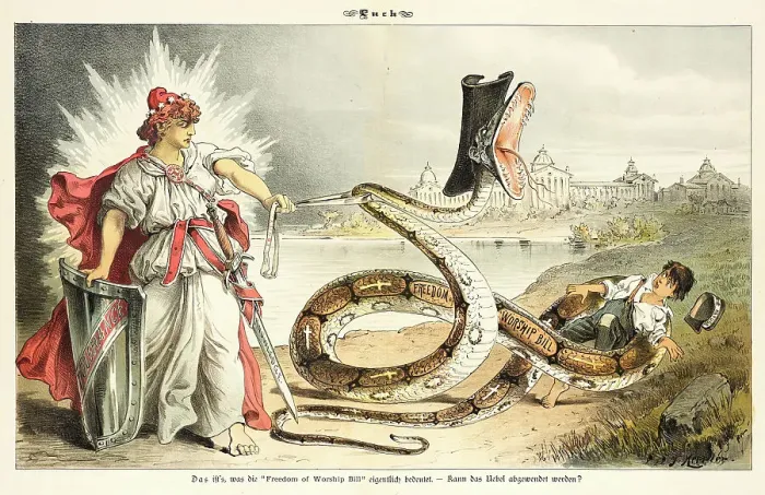 Framed Print : Cartoon from Puck, between 1880 and 1889. Creators: Joseph Keppler, Bernhard Gillam Framed Print : Cartoon from Puck, between 1880 and 1889. Creators: Joseph Keppler, Bernhard Gillam