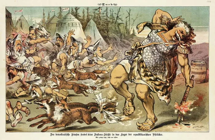 Framed Print : Cartoon from Puck, between 1880 and 1889. Creators: Joseph Keppler, Bernhard Gillam Framed Print : Cartoon from Puck, between 1880 and 1889. Creators: Joseph Keppler, Bernhard Gillam