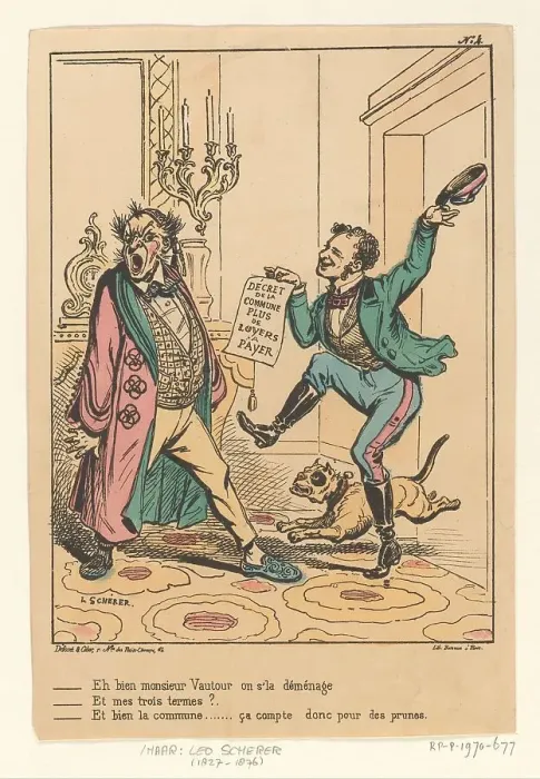 Framed Print : Cartoon about rent increases brought in by the Commune of Paris, 1871, (c.1871). Creator: Leo Scherer Framed Print : Cartoon about rent increases brought in by the Commune of Paris, 1871, (c.1871). Creator: Leo Scherer