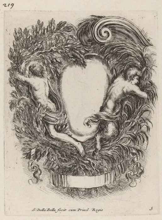 Framed Print : Cartouche with Apollo and Pan, 1647. Creator: Stefano della Bella Framed Print : Cartouche with Apollo and Pan, 1647. Creator: Stefano della Bella