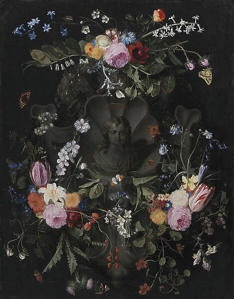 Cartouche with Bust of Christ Surrounded by a Garland of Flowers, 1659. Creator: Andries Bosman