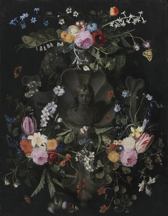 Framed Print : Cartouche with Bust of Christ Surrounded by a Garland of Flowers, 1659. Creator: Andries Bosman