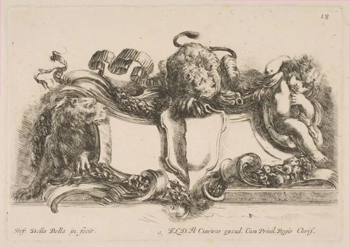 Framed Print : Cartouche Containing an Empty Shield Surmounted by a Lion and Framed by a Lion Framed Print : Cartouche Containing an Empty Shield Surmounted by a Lion and Framed by a Lion