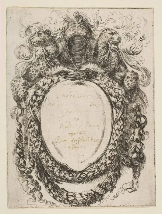 Framed Print : Cartouche Crowned by Helmet and Leopards, 1647. Creator: Stefano della Bella