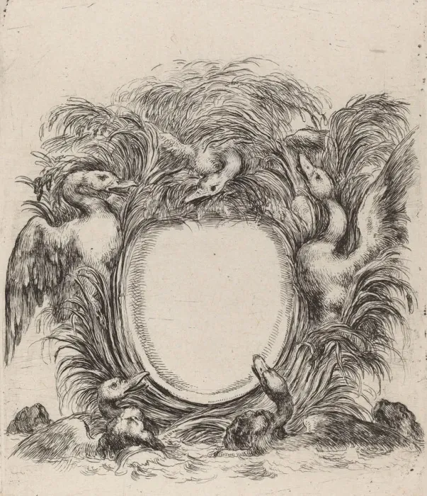 Framed Print : Cartouche with Ducks and Dogs, 1647. Creator: Stefano della Bella Framed Print : Cartouche with Ducks and Dogs, 1647. Creator: Stefano della Bella