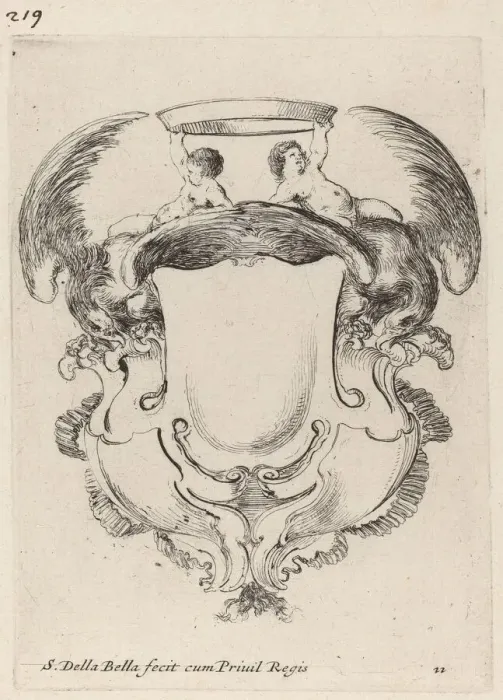 Framed Print : Cartouche with Eagles and Two Infants Holding a Crown, 1647. Creator: Stefano della Bella Framed Print : Cartouche with Eagles and Two Infants Holding a Crown, 1647. Creator: Stefano della Bella