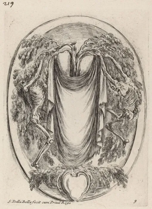 Framed Print : Cartouche in the Form of a Drape Suspended from a Cypress Flanked by Skeletons, 1647 Framed Print : Cartouche in the Form of a Drape Suspended from a Cypress Flanked by Skeletons, 1647