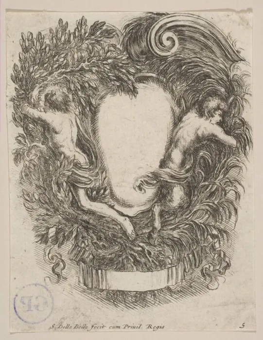 Framed Print : Cartouche Framed by Apollo and Pan, 1647. Creator: Stefano della Bella Framed Print : Cartouche Framed by Apollo and Pan, 1647. Creator: Stefano della Bella