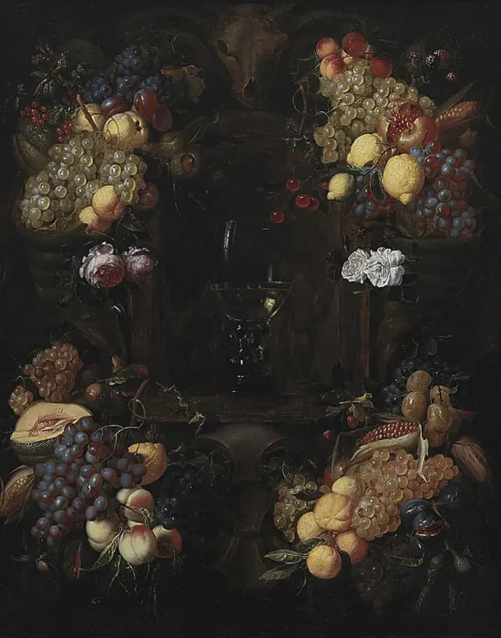Framed Print : Cartouche with Garlands of Fruit and a Wine Glass, 1651-1750. Creator: Alexander Coosemans Framed Print : Cartouche with Garlands of Fruit and a Wine Glass, 1651-1750. Creator: Alexander Coosemans