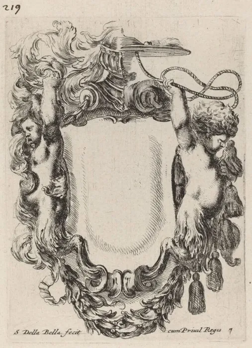 Framed Print : Cartouche with Infant Satyrs, 1647. Creator: Stefano della Bella Framed Print : Cartouche with Infant Satyrs, 1647. Creator: Stefano della Bella