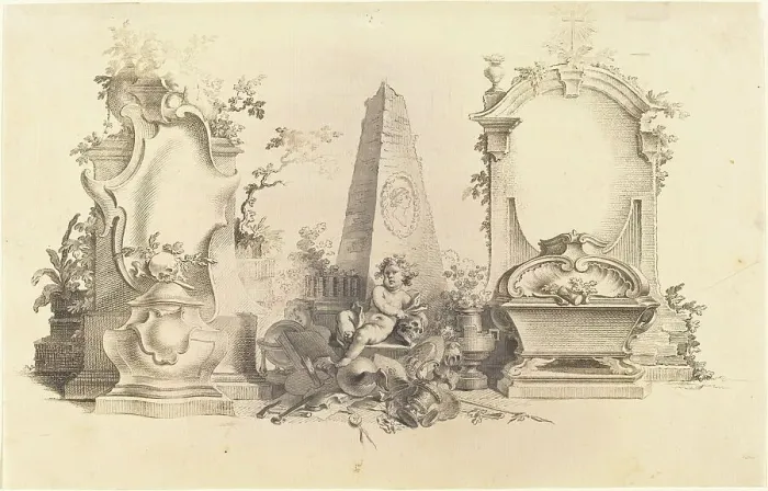 Framed Print : Cartouche Moderne with Emblems of Death. Creator: Johann Esaias Nilson Framed Print : Cartouche Moderne with Emblems of Death. Creator: Johann Esaias Nilson