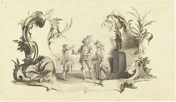 Framed Print : Cartouche Moderne with a Young Couple Being Served Wine. Creator: Johann Esaias Nilson Framed Print : Cartouche Moderne with a Young Couple Being Served Wine. Creator: Johann Esaias Nilson