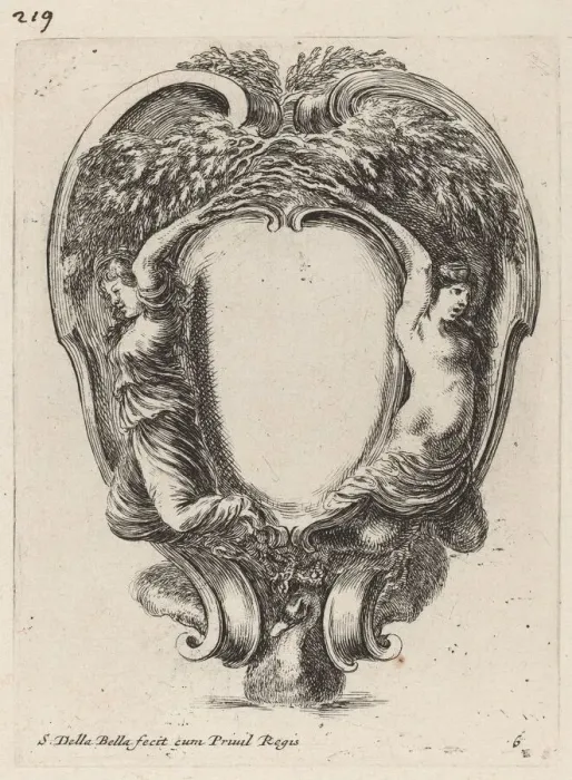 Framed Print : Cartouche with Two Nymphs Metamorphosed into Trees, 1647. Creator: Stefano della Bella Framed Print : Cartouche with Two Nymphs Metamorphosed into Trees, 1647. Creator: Stefano della Bella