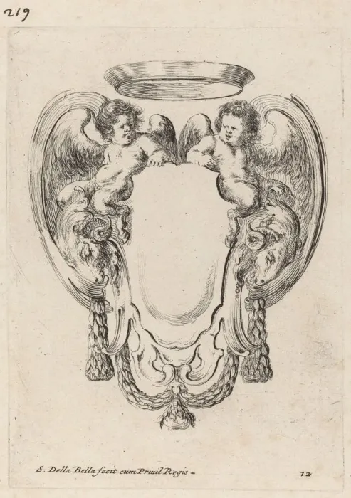 Framed Print : Cartouche with Rams and Infant Satyrs, 1647. Creator: Stefano della Bella Framed Print : Cartouche with Rams and Infant Satyrs, 1647. Creator: Stefano della Bella