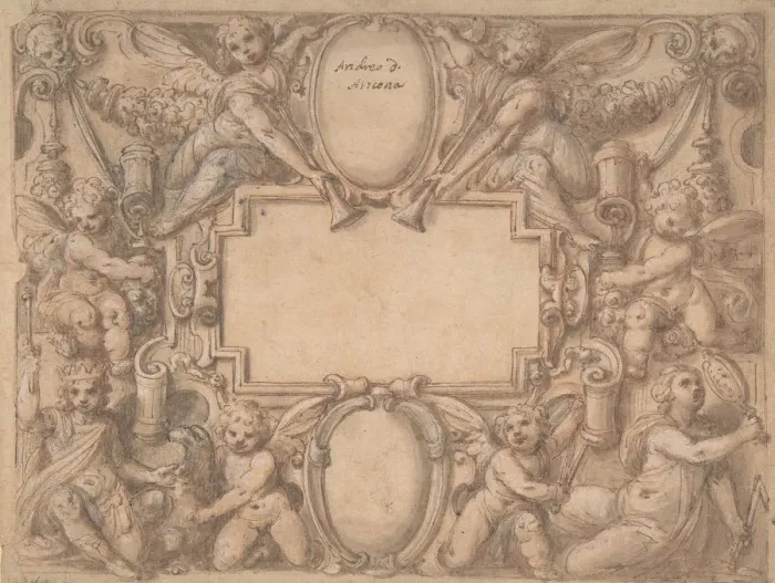 Framed Print : A Cartouche and Two Shields Surrounded by Allegorical Figures. 1570-1631 Framed Print : A Cartouche and Two Shields Surrounded by Allegorical Figures. 1570-1631