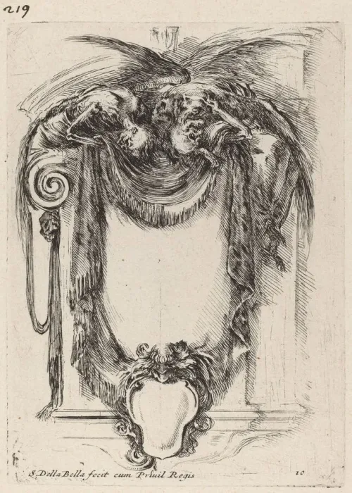 Framed Print : Cartouche Suspended from Corpses, 1647. Creator: Stefano della Bella Framed Print : Cartouche Suspended from Corpses, 1647. Creator: Stefano della Bella