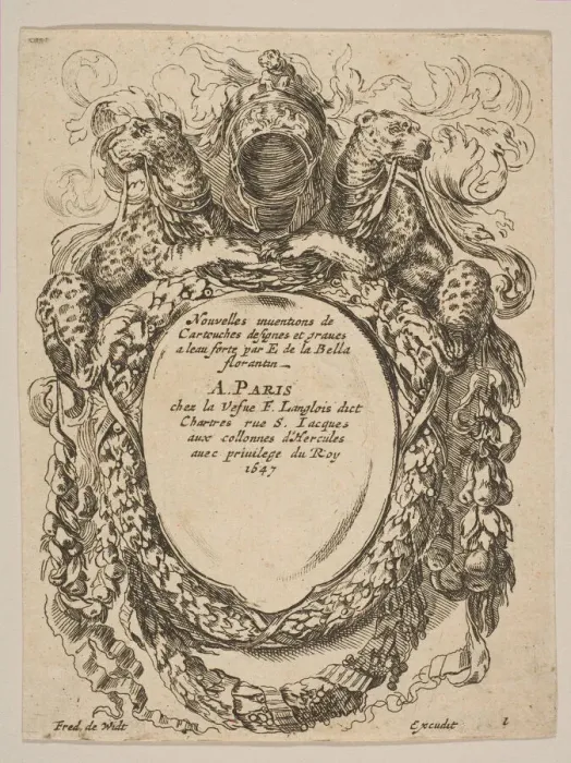 Framed Print : Cartouche with Title: Nouvelles inventions de Cartouches, 17th century. Creator: Unknown Framed Print : Cartouche with Title: Nouvelles inventions de Cartouches, 17th century. Creator: Unknown