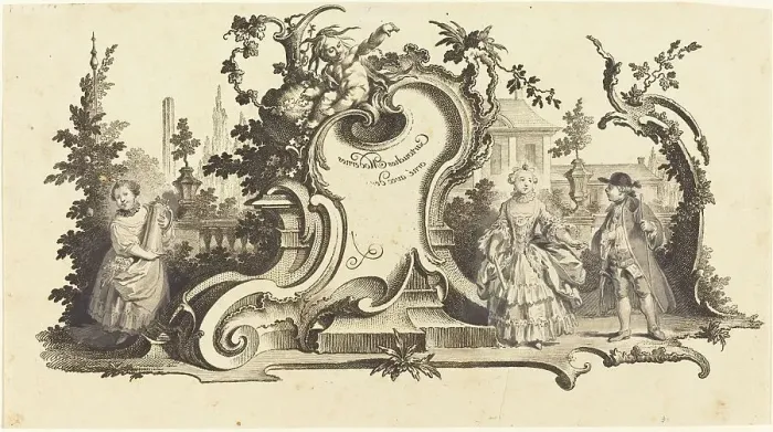Framed Print : Cartouches Modernes orné avec des [diferentes Figures] (Plate VI-1 from the set). Creator: Johann Esaias Nilson