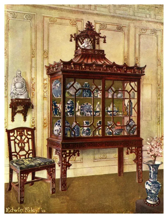 Framed Print : Carved china case in Chippendales Chinese manner, 1911-1912. Artist: Edwin Foley Framed Print : Carved china case in Chippendales Chinese manner, 1911-1912. Artist: Edwin Foley