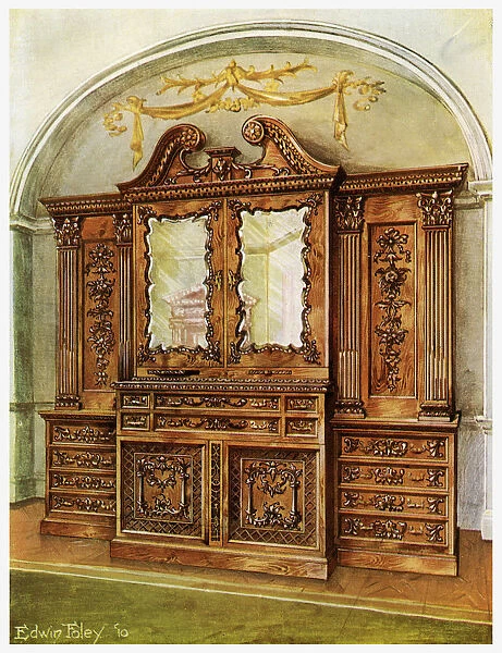 Carved enclosed mahogany bookcase, style of Chippendale, French influence, 1911-1912. Artist: Edwin Foley