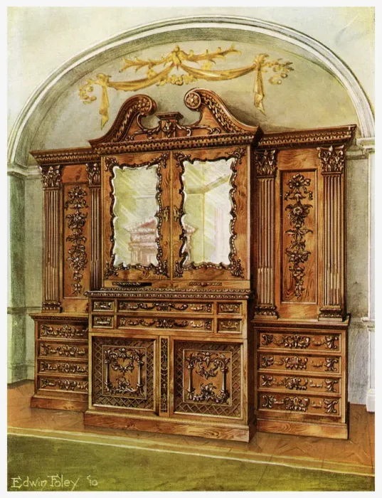 Framed Print : Carved enclosed mahogany bookcase, style of Chippendale, French influence, 1911-1912. Artist: Edwin Foley Framed Print : Carved enclosed mahogany bookcase, style of Chippendale, French influence, 1911-1912. Artist: Edwin Foley