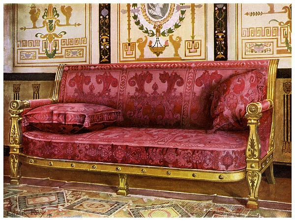 Carved gilt couch covered in rose Brocade de Lyon, 1911-1912. Artist: Edwin Foley