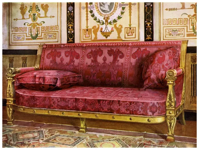 Framed Print : Carved gilt couch covered in rose Brocade de Lyon, 1911-1912. Artist: Edwin Foley Framed Print : Carved gilt couch covered in rose Brocade de Lyon, 1911-1912. Artist: Edwin Foley