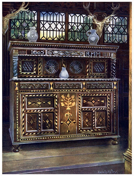 Carved and inlaid oak court cupboard, 1910. Artist: Edwin Foley