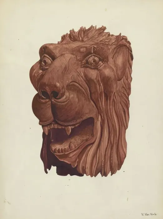 Framed Print : Carved Lions Head, c. 1937. Creator: Vera Van Voris Framed Print : Carved Lions Head, c. 1937. Creator: Vera Van Voris