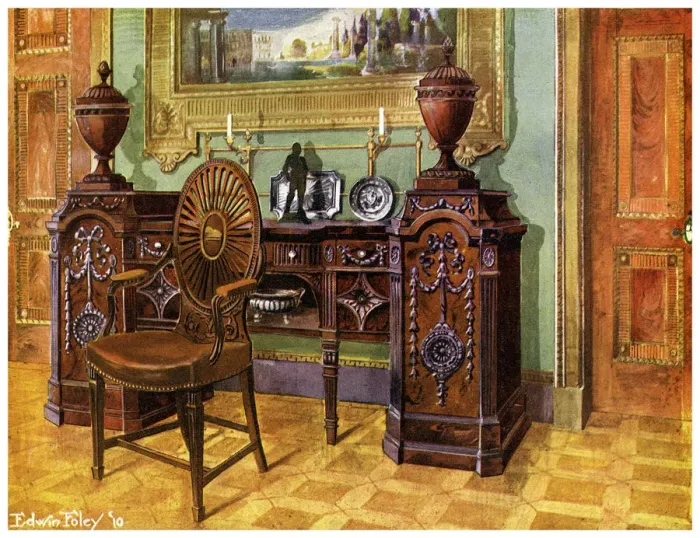 Framed Print : Carved mahogany pedestal sideboard and oval wheelback masters chair, 1911-1912. Artist: Edwin Foley Framed Print : Carved mahogany pedestal sideboard and oval wheelback masters chair, 1911-1912. Artist: Edwin Foley