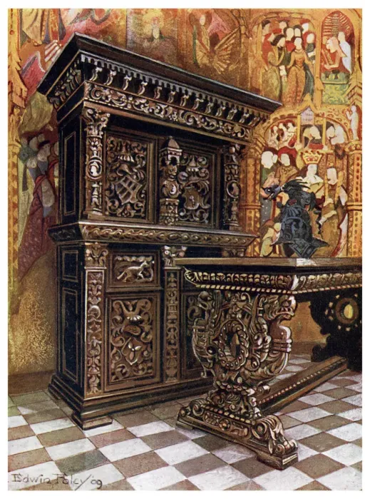 Framed Print : Carved oak armoire, 1910. Artist: Edwin Foley Framed Print : Carved oak armoire, 1910. Artist: Edwin Foley