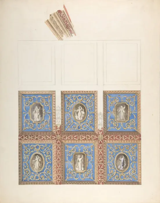Framed Print : Carved and Painted Ceiling with Six Figural Medallions, for Cleish Castle, 19th century Framed Print : Carved and Painted Ceiling with Six Figural Medallions, for Cleish Castle, 19th century