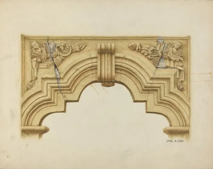 Framed Print : Carved Stone Arch Over Doorway, c. 1939. Creator: Emile Cero Framed Print : Carved Stone Arch Over Doorway, c. 1939. Creator: Emile Cero
