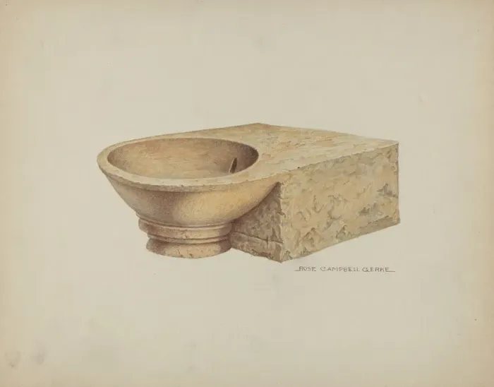 Framed Print : Carved Stone was Basin, c. 1939. Creator: Rose Campbell-Gerke Framed Print : Carved Stone was Basin, c. 1939. Creator: Rose Campbell-Gerke
